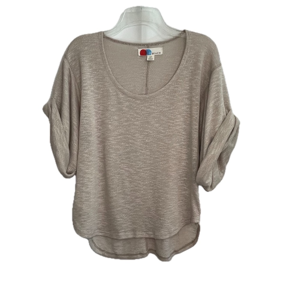 FREE PEOPLE BEACH Nani Scoop Neck Knit Top Tan Beige SP Rolled Sleeves Relaxed